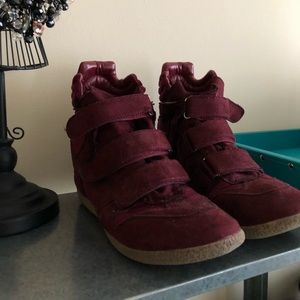 Burgundy Suede Wedge Heel Sneakers